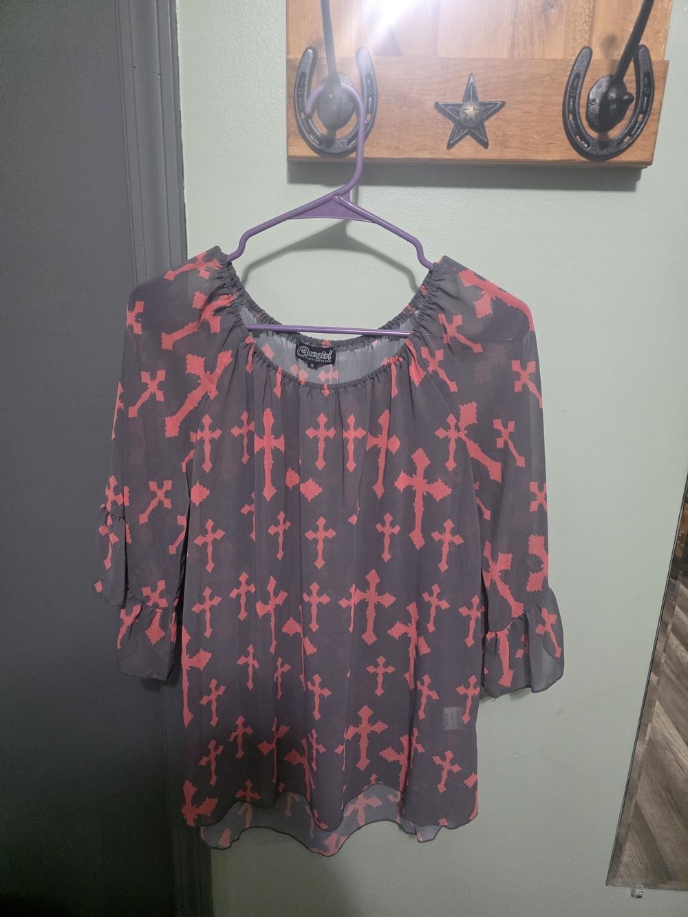 Women’s Grey & Coral Patterned Peasant Blouse